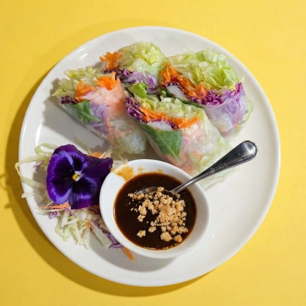 Four fresh spring rolls with shrimp, lettuce, and carrots, served with peanut sauce and a purple flower.