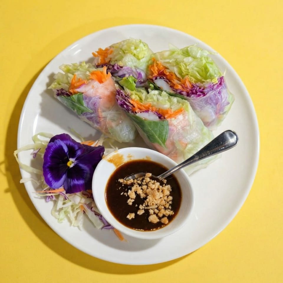 Four fresh spring rolls with shrimp, lettuce, and carrots, served with peanut sauce and a purple flower.