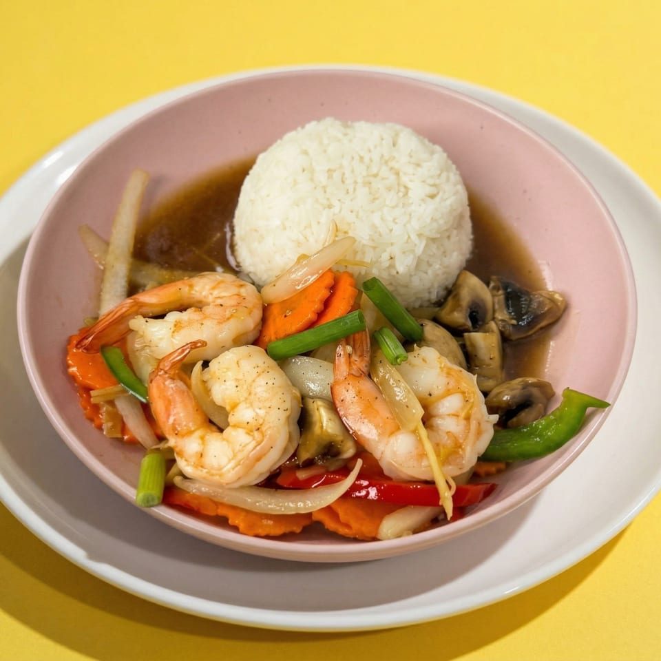 Shrimp stir-fry with carrots, onions, mushrooms, and rice in a pink bowl on a yellow background.