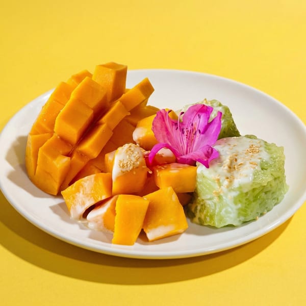 Mango sticky rice with green pandan rice, coconut milk, sesame seeds, and a pink flower.