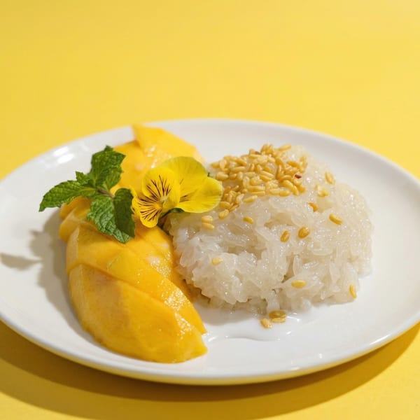 Mango sticky rice dessert with mint and an edible flower on a white plate.