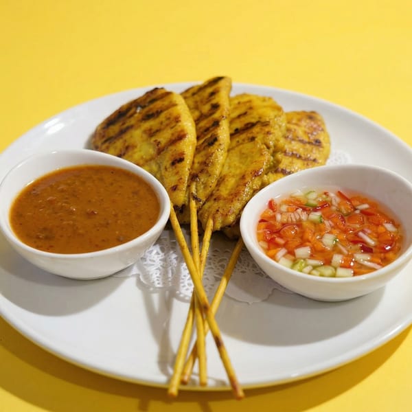 Grilled chicken satay skewers with peanut sauce and a sweet chili cucumber relish on a white plate.