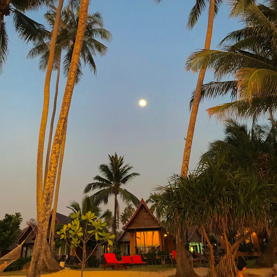 Full moon over tropical bungalows and palm trees at dusk, with red lounge chairs.