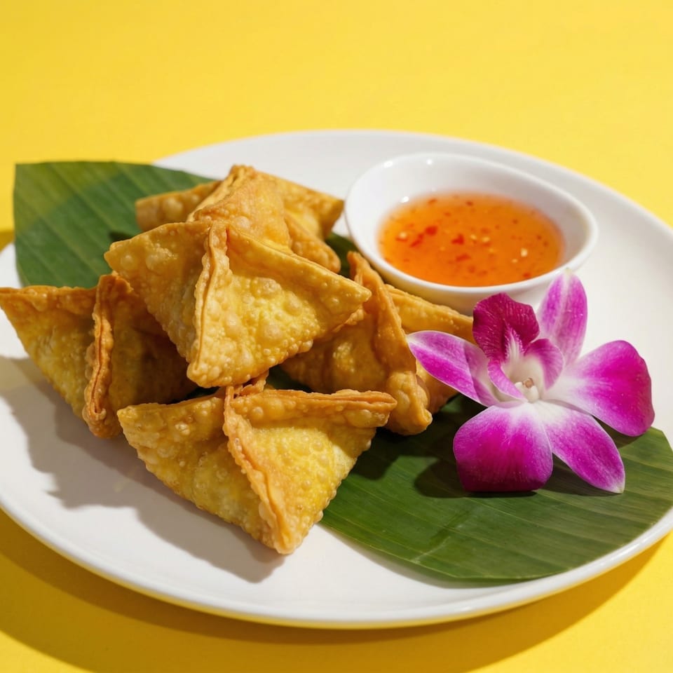 Crispy golden fried wontons with sweet chili sauce and a purple orchid on a banana leaf.